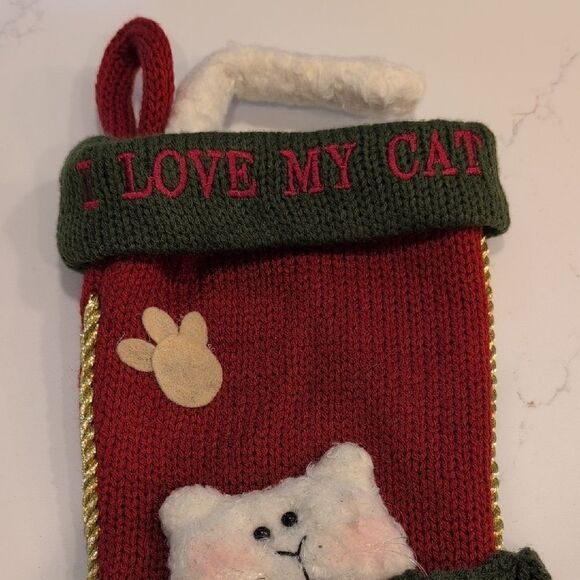 Chunky Knit Embroidered I Love My Cat Red And Green Christmas Stocking - Picture 3 of 9